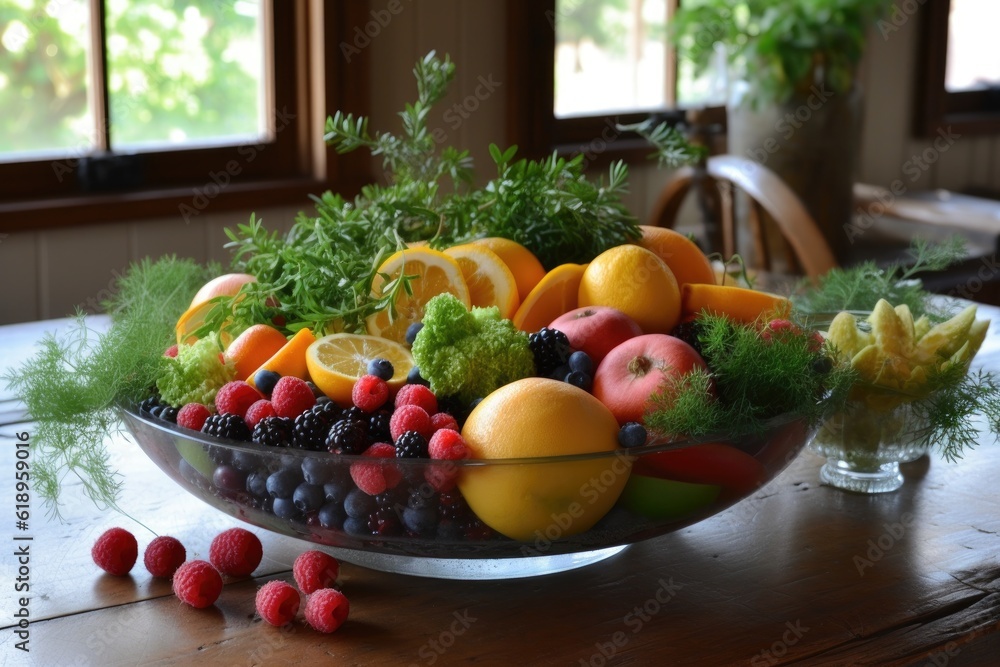 refreshing arrangement of fruit, herbs and veggies for summertime, created with generative ai refreshing arrangement of fruit, herbs and veggies for summertime, created with generative ai