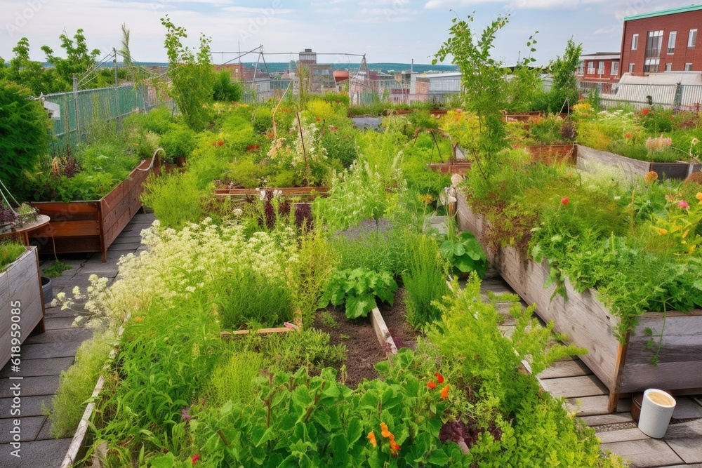 green rooftop garden, with unique plants and flowers, created with generative ai