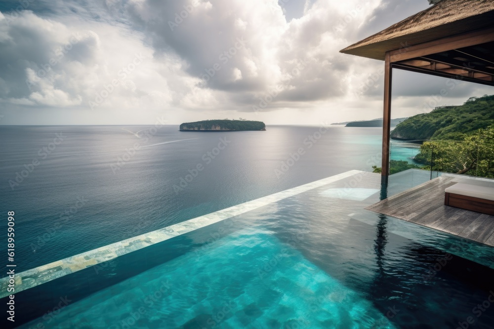 luxury hotel with infinity pool and breathtaking view of the ocean on remote island, created with generative ai