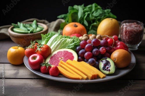 healthy eating plate with fresh fruits and vegetables  created with generative ai