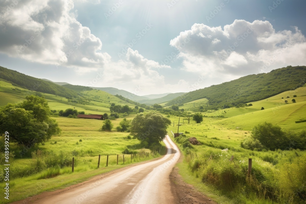 scenic road trip through the rolling hills of a quaint countryside, created with generative ai