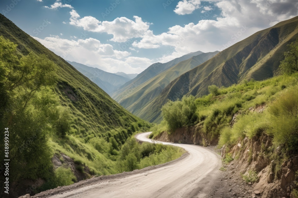 Naklejka premium scenic road trip through the mountains with dramatic views and lush greenery, created with generative ai