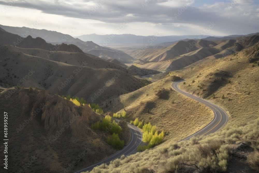 Naklejka premium scenic road trip through mountain range, with winding roads and scenic views, created with generative ai