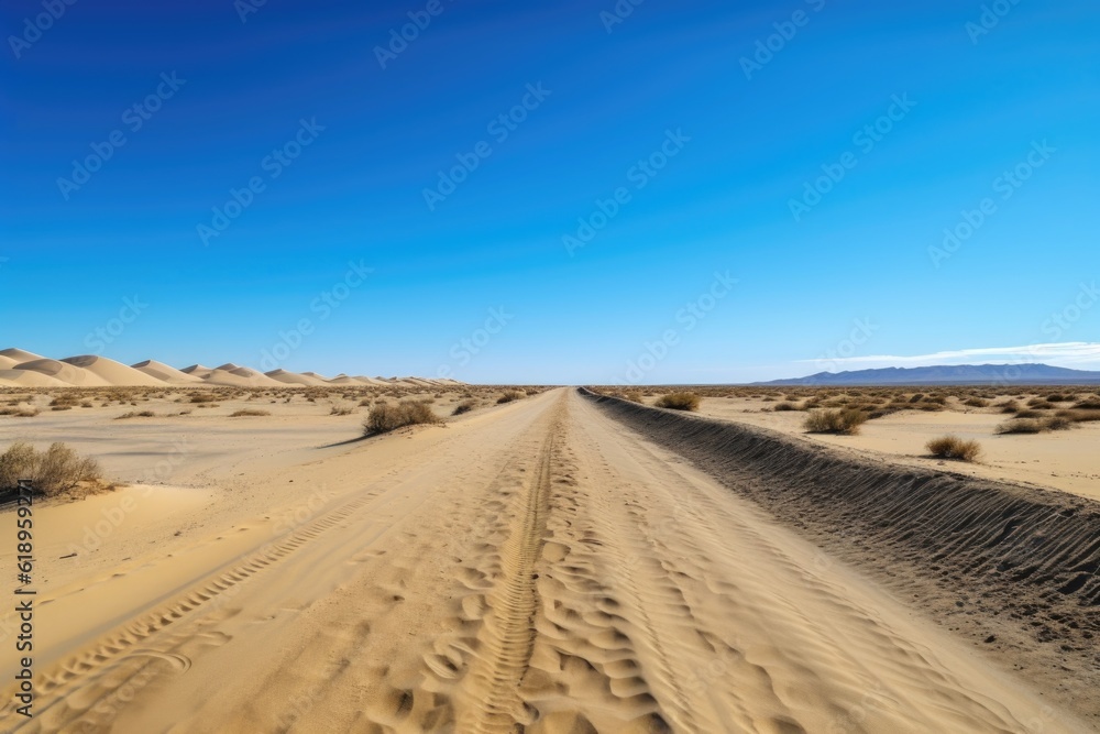 scenic road trip through the desert, with endless sand dunes and clear blue skies, created with generative ai scenic road trip through the desert, with endless sand dunes and clear blue skies, created with generative ai
