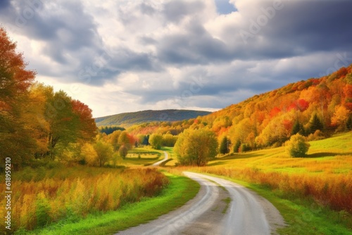 scenic road trip through the rolling hills of autumn, created with generative ai