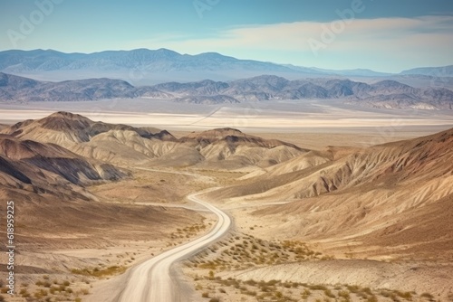 scenic road trip through a desert, the road winding along past barren landscapes, created with generative ai