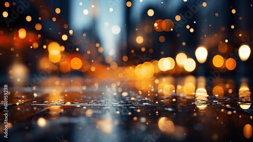 water drops on the rainny day. night view in the city. night bokeh background. GenerativeAI