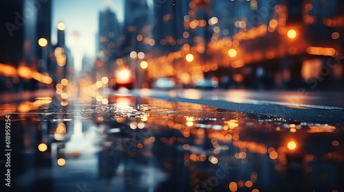 water drops on the rainny day. night view in the city. night bokeh background. GenerativeAI