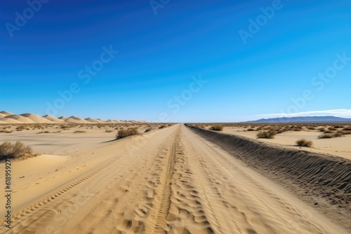 scenic road trip through the desert  with endless sand dunes and clear blue skies  created with generative ai