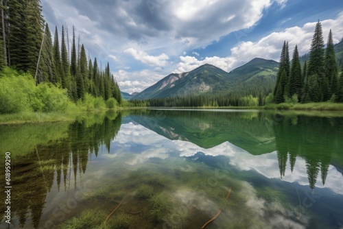 serene lake, with reflections of trees, mountains and clouds in the background, created with generative ai