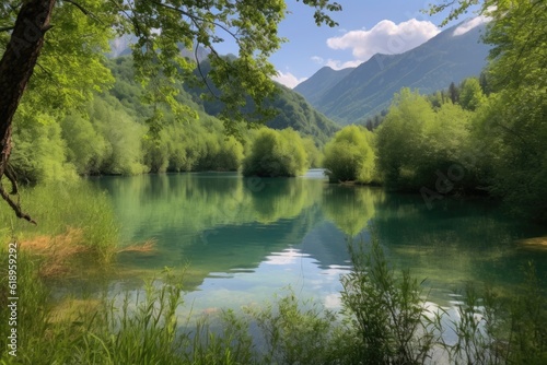 peaceful lake surrounded by lush greenery and mountains in the distance, created with generative ai