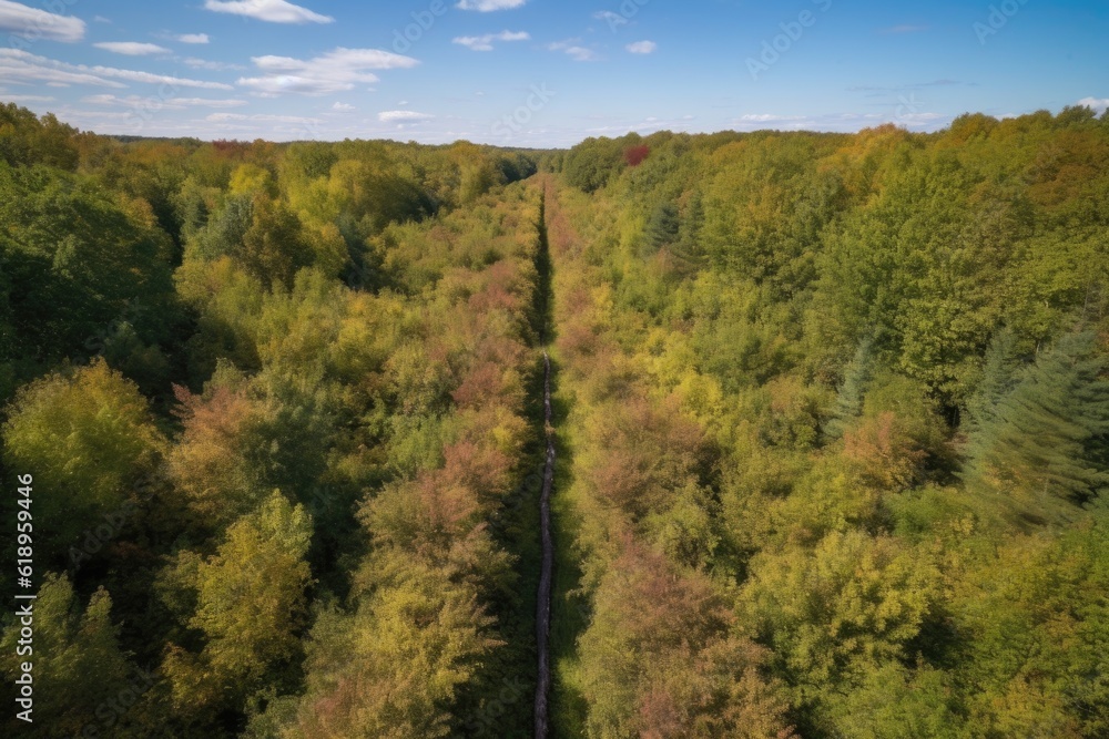 bird's-eye view of forest trail with clear blue skies, created with generative ai bird's-eye view of forest trail with clear blue skies, created with generative ai