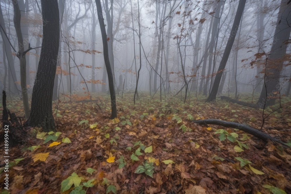 wandering forest with misty fog and dew on the leaves, created with generative ai