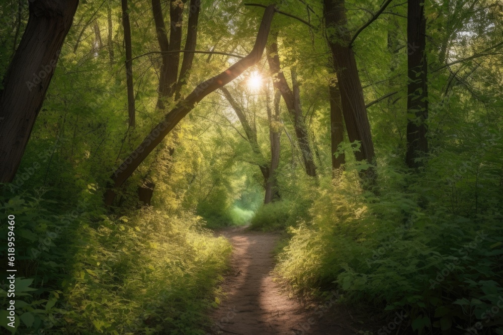 peaceful walk through the woods, with sunlight filtering through the trees, created with generative ai