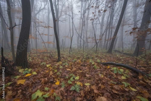 wandering forest with misty fog and dew on the leaves, created with generative ai