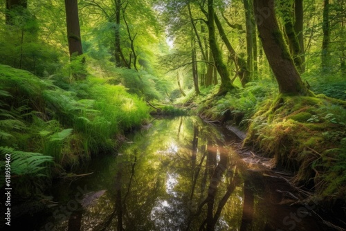 peaceful forest with stream and reflection of the sky, created with generative ai © Alfazet Chronicles