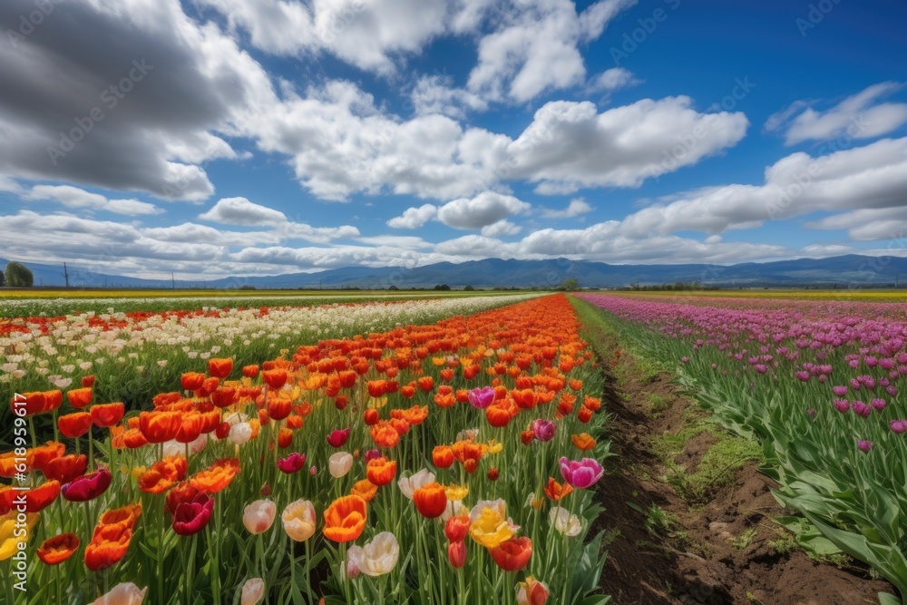 view of tulip fields, with colorful blooms and fluffy clouds in the sky, created with generative ai