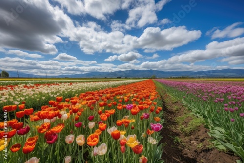 view of tulip fields  with colorful blooms and fluffy clouds in the sky  created with generative ai