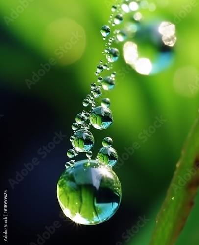 An illustration of a beautiful water drop delicately resting on a blade of grass, sparkling in the sunlight in a close-up macro shot. Created with Generative AI technology
