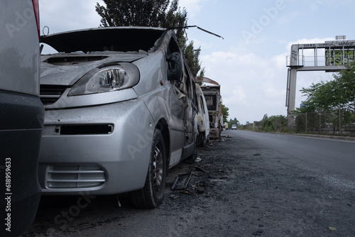 tribute for Nahel, several cars burned and destroyed during the riots in Nanterre, Hauts de Seine, France - June 29, 2023 photo