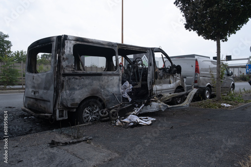 tribute for Nahel, several cars burned and destroyed during the riots in Nanterre, Hauts de Seine, France - June 29, 2023