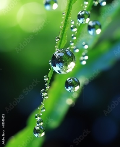 An illustration of a beautiful water drop delicately resting on a blade of grass, sparkling in the sunlight in a close-up macro shot. Created with Generative AI technology