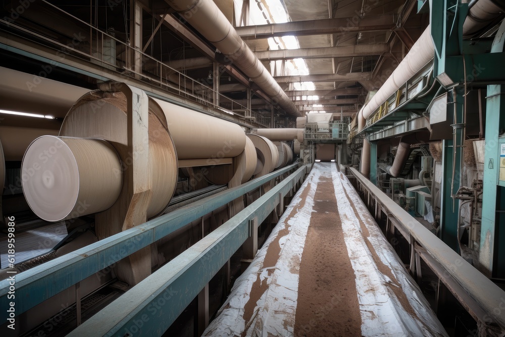massive pulp and paper mill, with conveyor belts carrying massive rolls of recycled paper, created with generative ai massive pulp and paper mill, with conveyor belts carrying massive rolls of recycled paper, created with generative ai