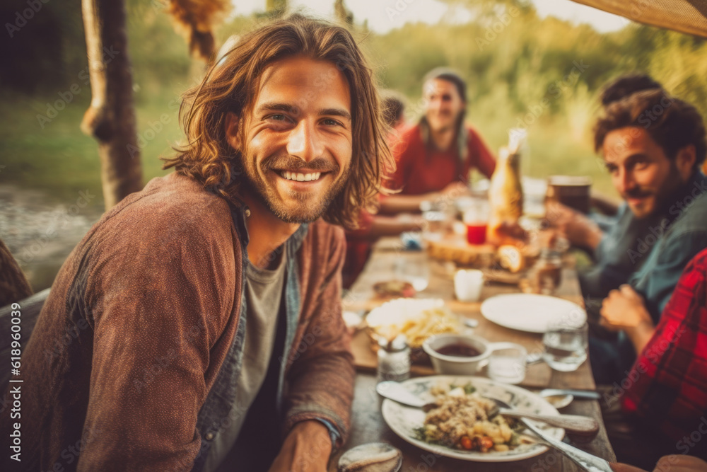 Man enjoying a rustic outdoor lunch with friends, sharing food and laughter in the countryside. Man enjoying a rustic outdoor lunch with friends, sharing food and laughter in the countryside.
