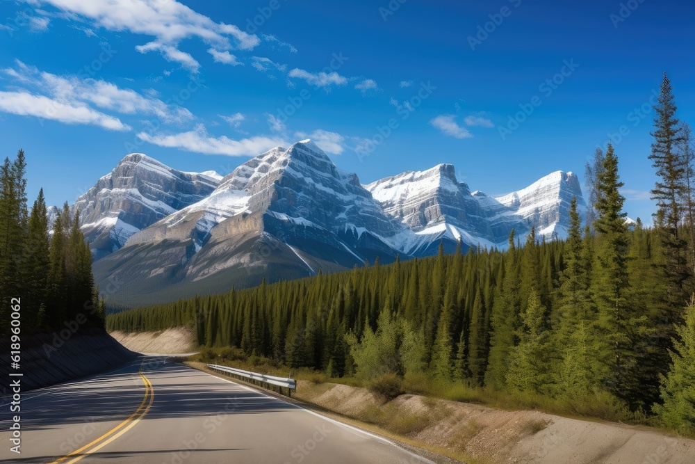 majestic mountain range with clear blue skies in the background, viewed from a winding road, created with generative ai