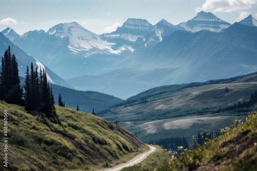 majestic mountain range, viewed from winding road with peaks and valleys visible, created with generative ai