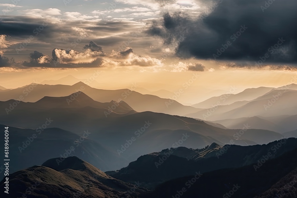 majestic mountain range, with clouds and sun setting over the peaks, created with generative ai