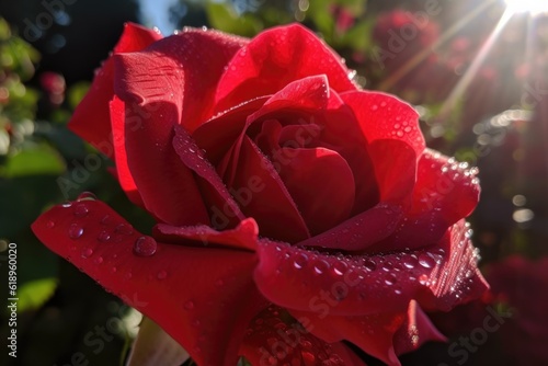 close-up of vibrant red rose with dew drops glistening in the morning sun  created with generative ai