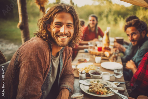 Man enjoying a rustic outdoor lunch with friends  sharing food and laughter in the countryside.