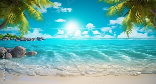 Summer landscape of a tropical island. Palm tree branches create shade on the sandy beach while the sun shines and turquoise waters glisten. Created with Generative AI technology