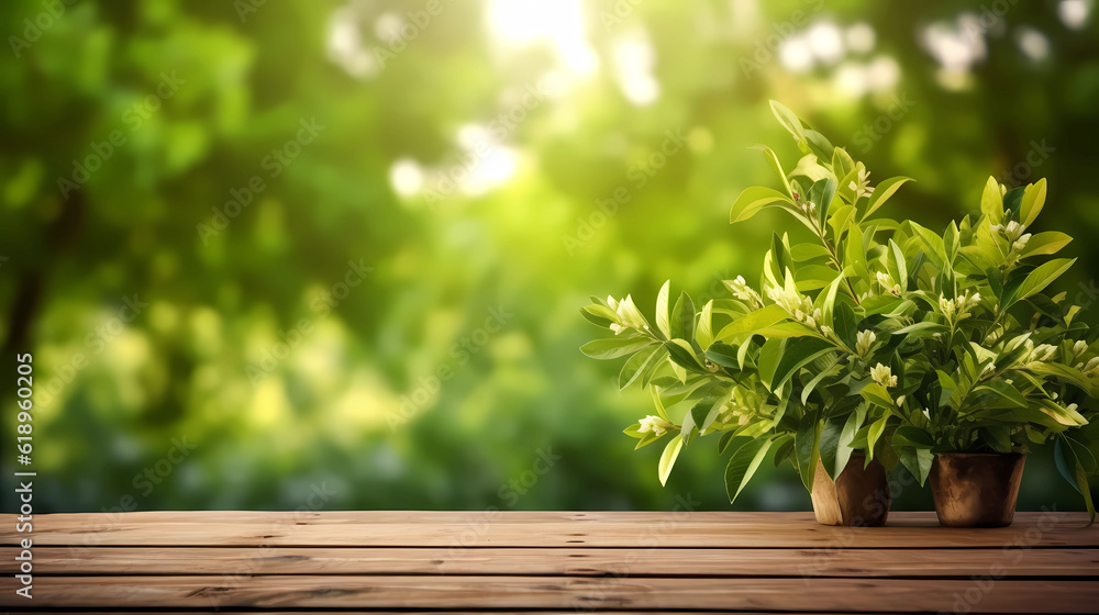 Empty wooden plank on the nature spring background. for presentation product.