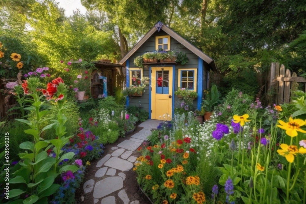 tiny house in lush garden, with colorful flowers and greenery, created with generative ai