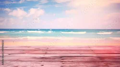 Empty wooden table on the beach with sky and clouds background. for presentation product.  © Diarystock