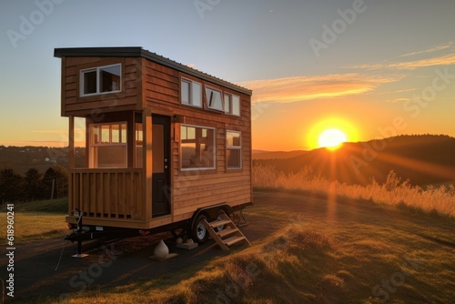a tiny house on wheels, with a view of the sunset, created with generative ai