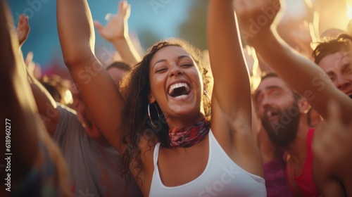 Epitomizing youth and fun, Diverse, energetic group of millennials dancing with joy and excitement at a lively music festival, Generative AI