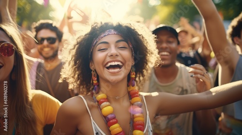 Epitomizing youth and fun, Diverse, energetic group of millennials dancing with joy and excitement at a lively music festival, Generative AI