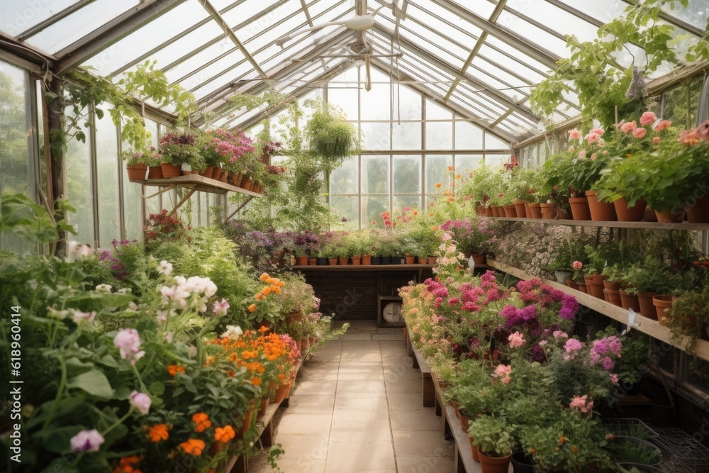 greenhouse filled with fragrant blooms and greenery, created with generative ai