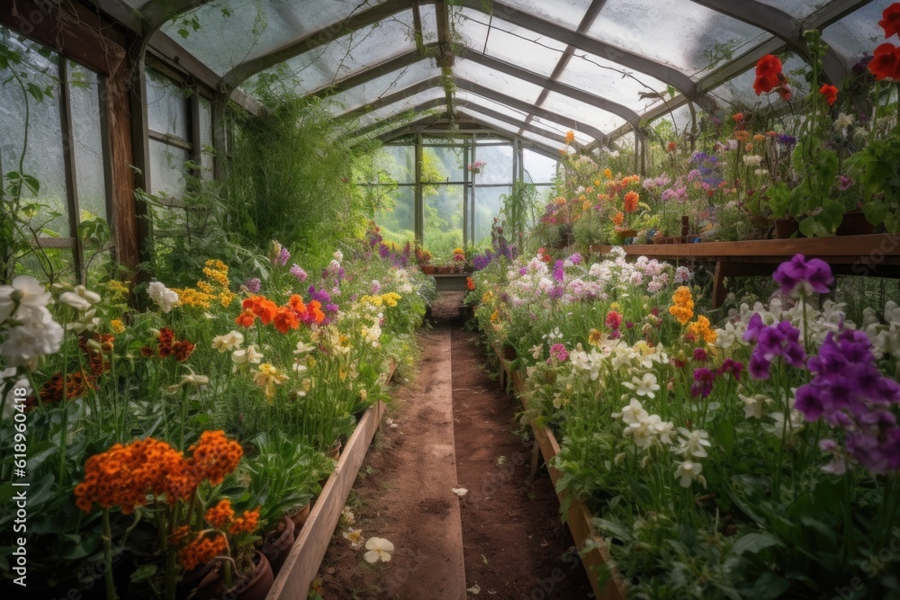 a greenhouse filled with orchids and other blooming flowers, created with generative ai a greenhouse filled with orchids and other blooming flowers, created with generative ai
