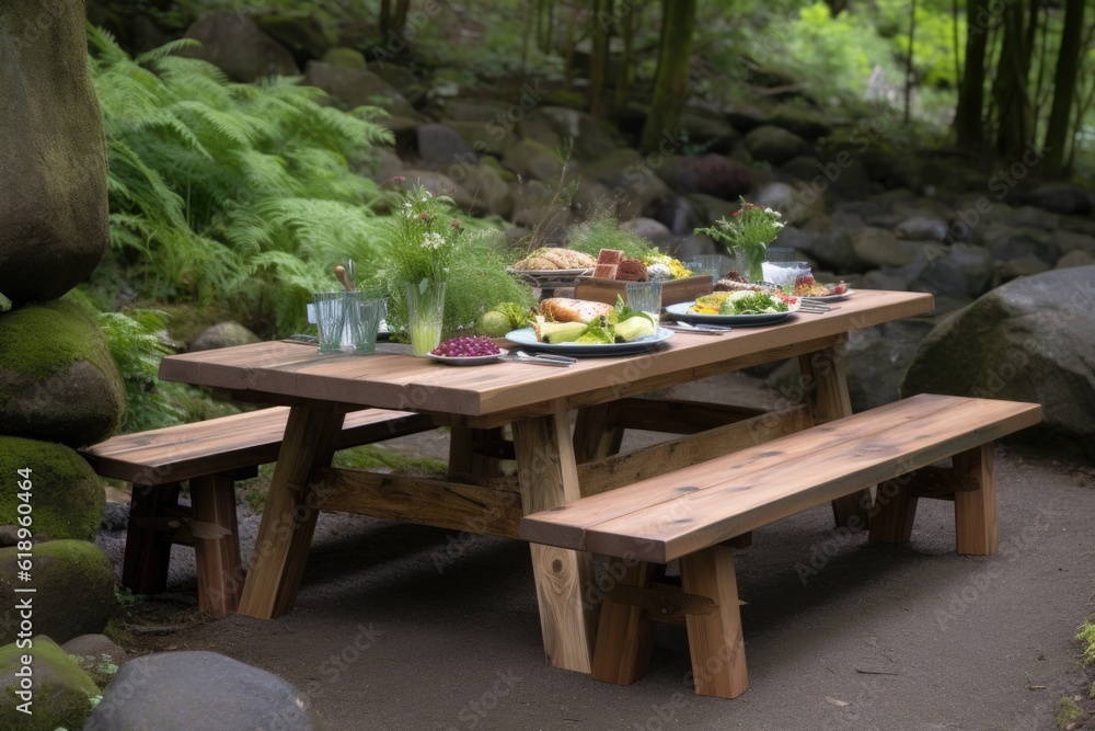 classic wooden picnic table with a mix of natural and artificial elements for memorable outdoor dining, created with generative ai