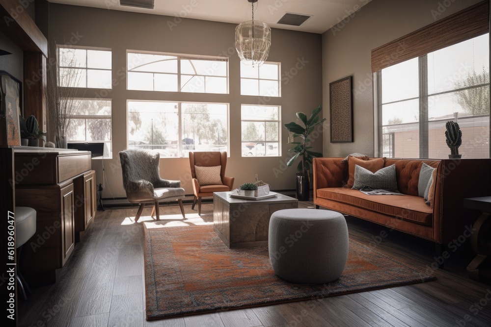 Fototapeta premium warm and inviting reception area with plush seating, natural light, and modern decor, created with generative ai
