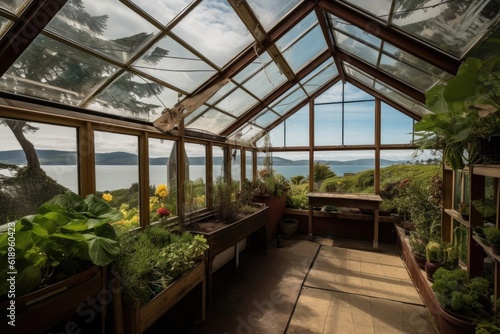 greenhouse with view of the ocean, surrounded by beautiful and tranquil scenery, created with generative ai