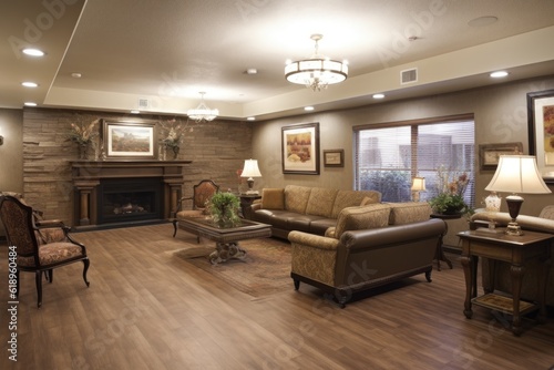 Wallpaper Mural reception area with cozy seating and fireplaces to create warm and welcoming atmosphere, created with generative ai Torontodigital.ca