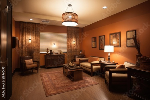 warm and cozy reception area with accent lighting  comfortable seating  and unique decor  created with generative ai