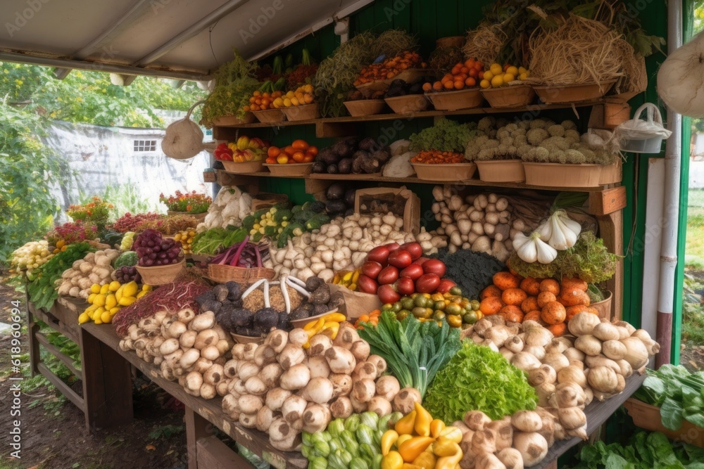 vegetable stand with variety of vegetables and fruits, including mushrooms and herbs, created with generative ai
