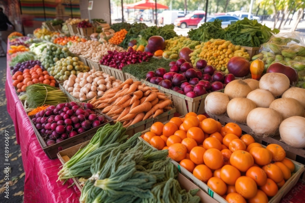 display of fresh and colorful produce at farmers market, created with generative ai