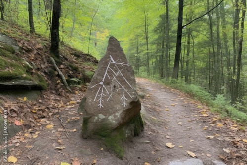 trail marker in the shape of a rock with arrows pointing each way, created with generative ai